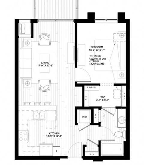 Floor plan for 1 bed, 1 bath, 721 sqft